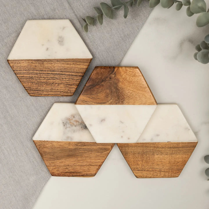 Hex Marble and Wood Coaster Set of 4