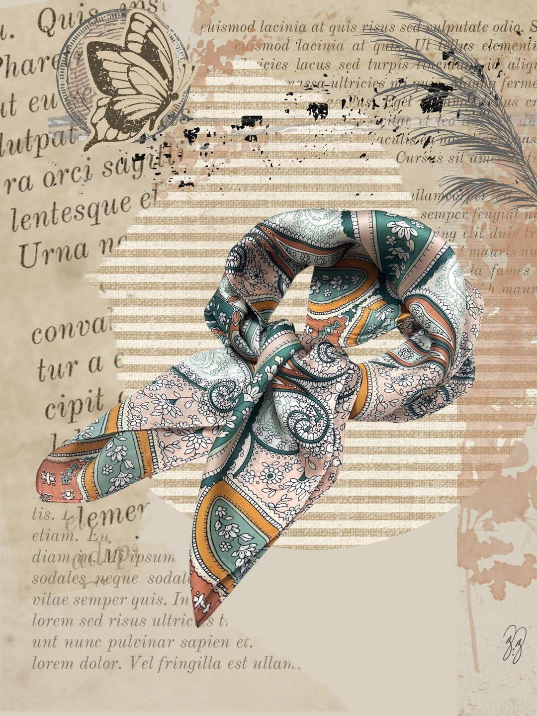 Paisley Poly satin floral scarf tied and ready to be worn around neck