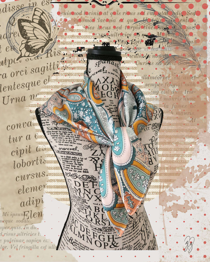 Paisley Poly satin floral scarf tied around our mannequin neck