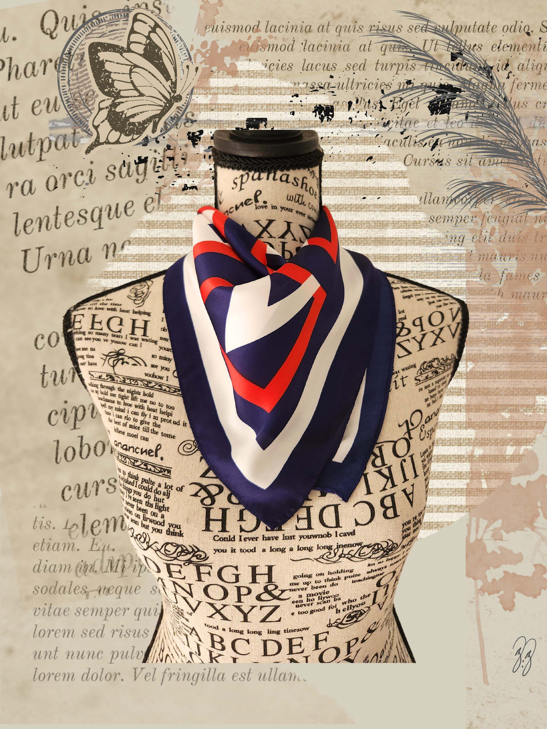 Poly satin women's geometrically designed scarf on mannequin
