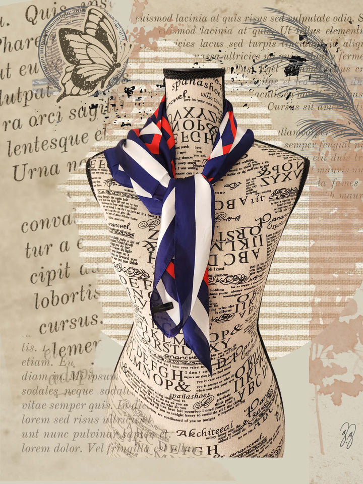 Luxury poly satin scarf neatly tied around mannequin neck