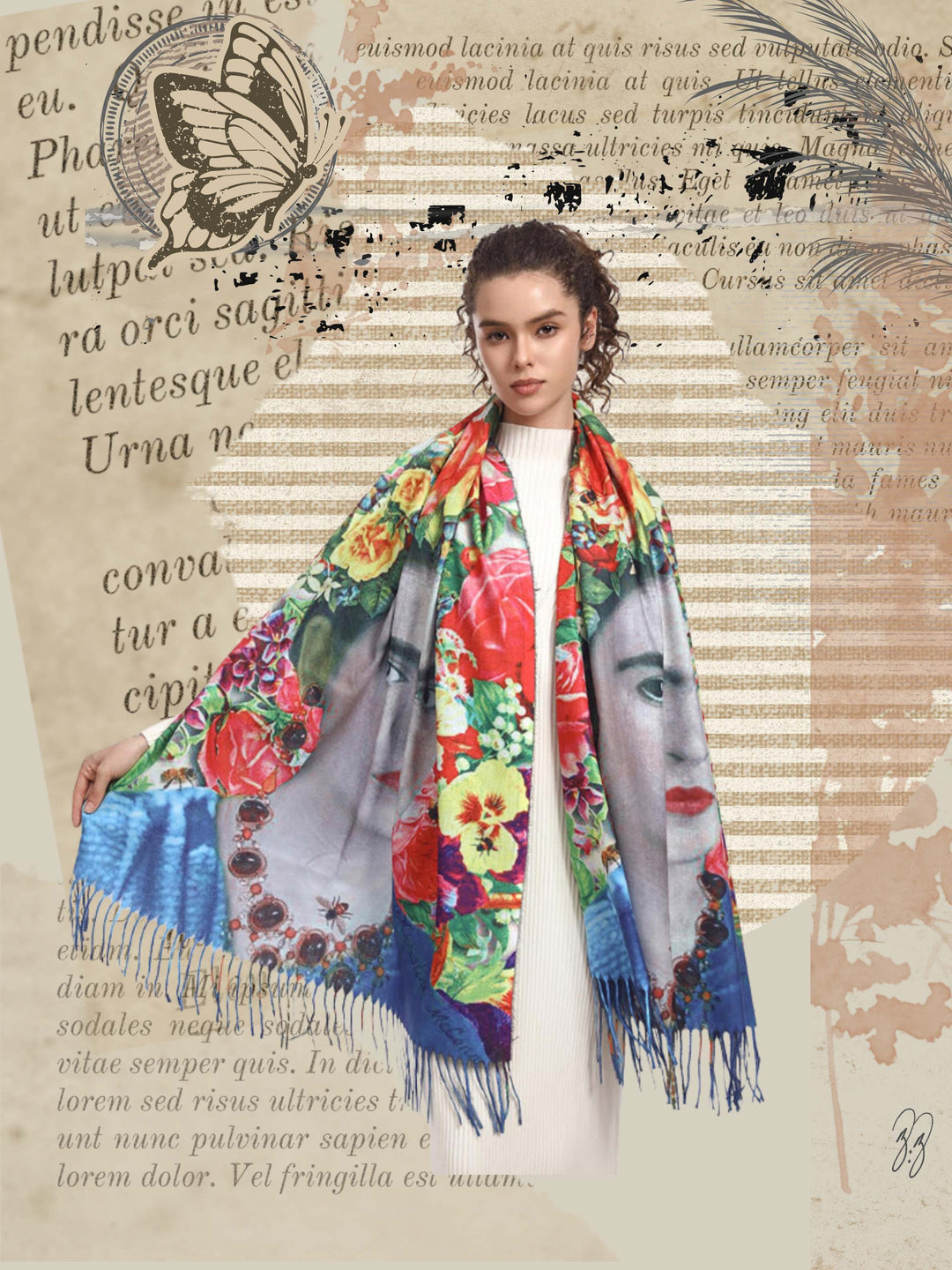 Large flowing pashmina with images of artist Frida Kahlo and colorful flowers