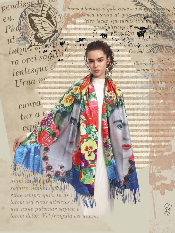 Large flowing pashmina with images of artist Frida Kahlo and colorful flowers