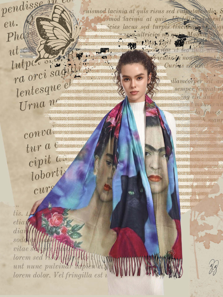 Large flowing pashmina with images of artist Frida Kahlo and black cats