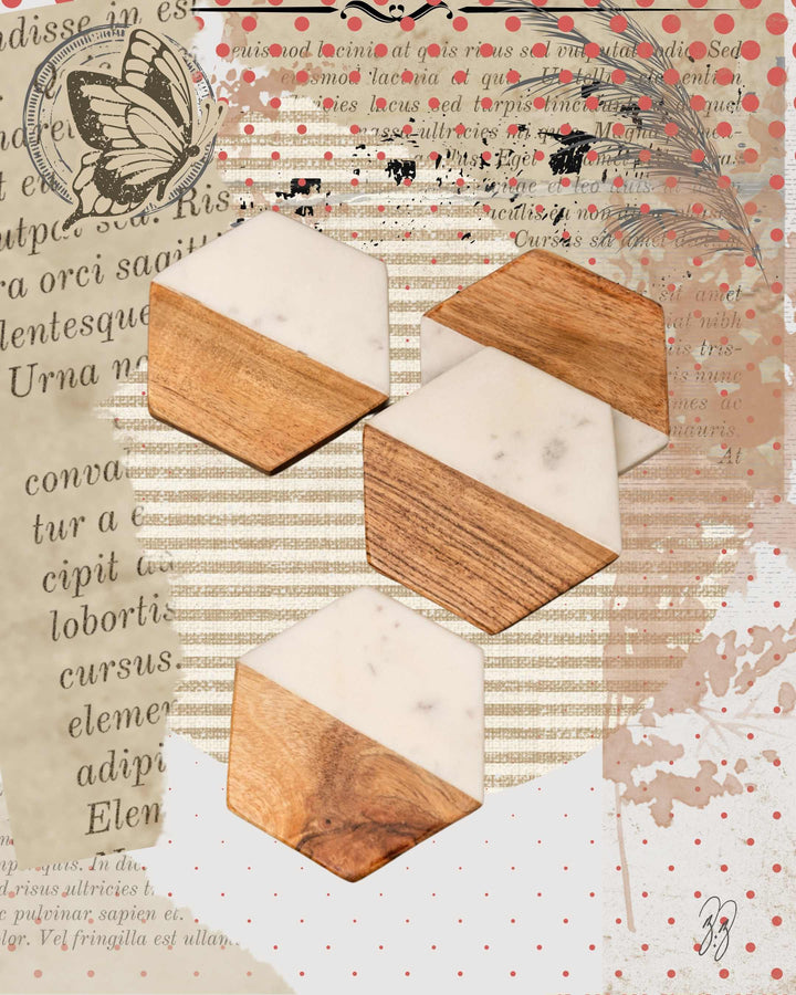 Hex Marble and Wood Coaster Set of 4