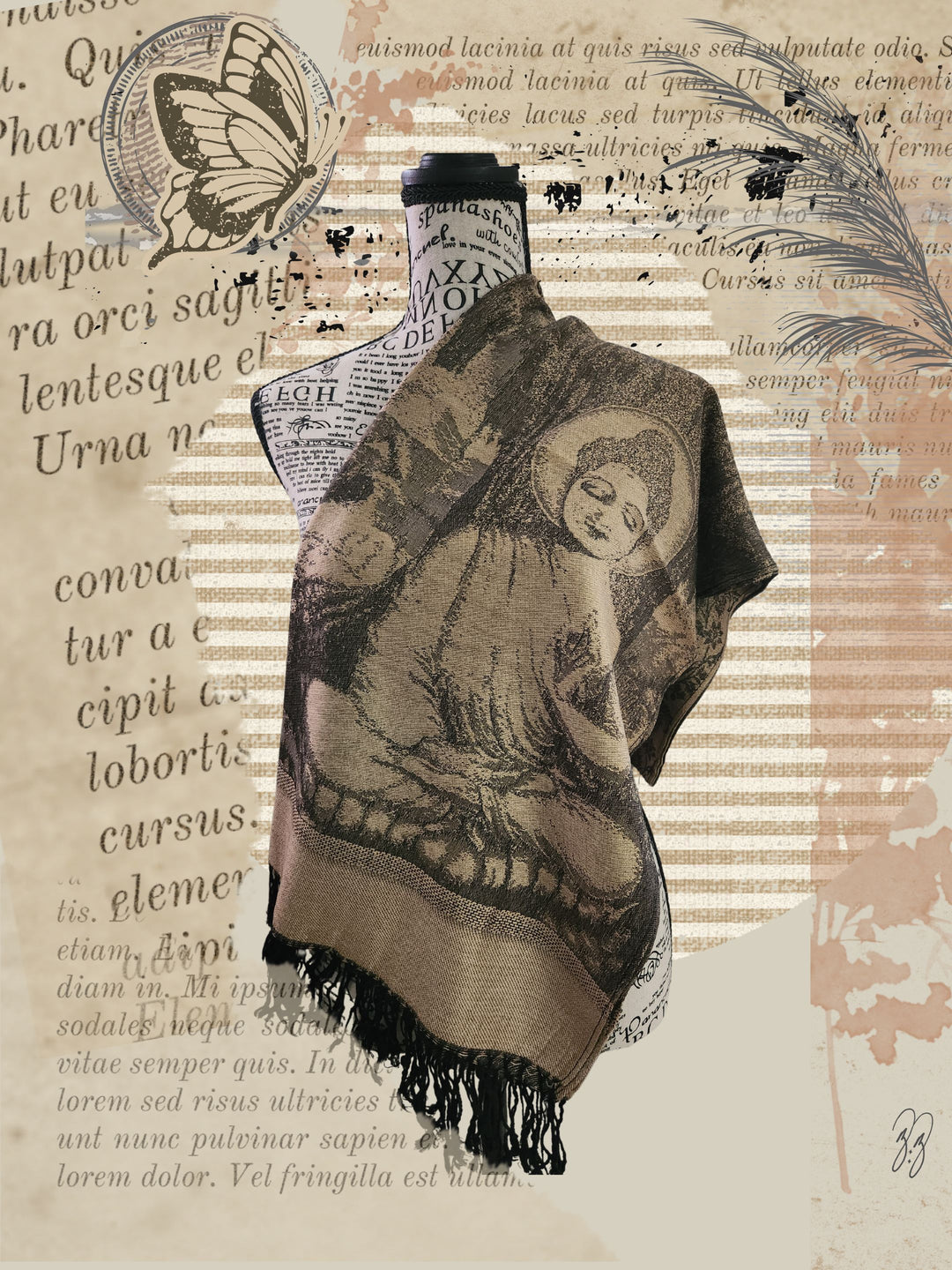 BUDDHA SHAWL DRAPED OVER OUR MANNEQUIN IN KHAKI COLOR