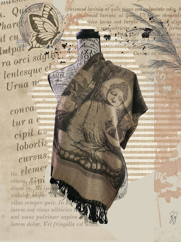 BUDDHA SHAWL DRAPED OVER OUR MANNEQUIN IN KHAKI COLOR