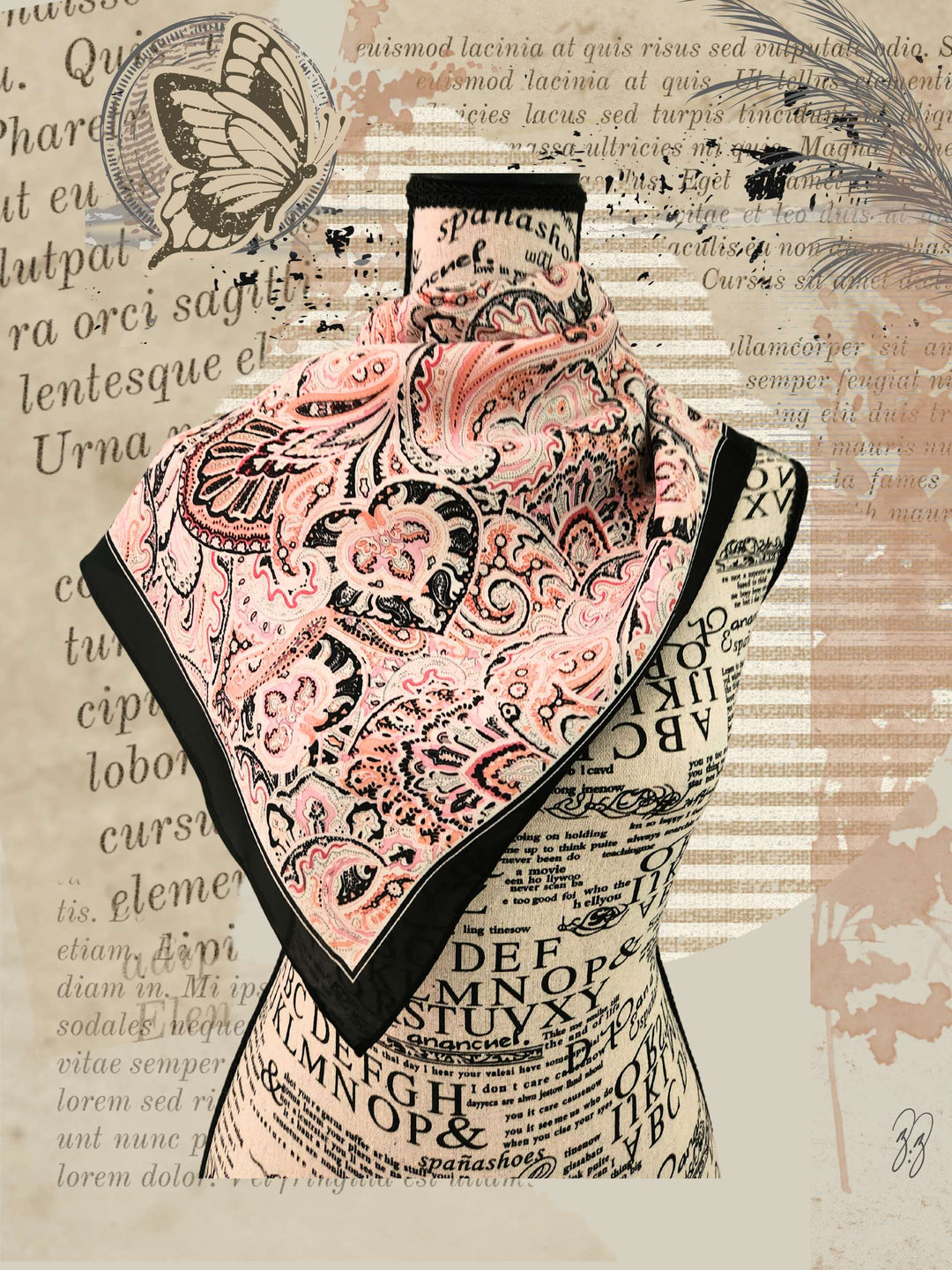 Classic paisley designed silky satin poly scarf on our mannequin
