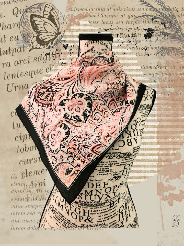 Classic paisley designed silky satin poly scarf on our mannequin