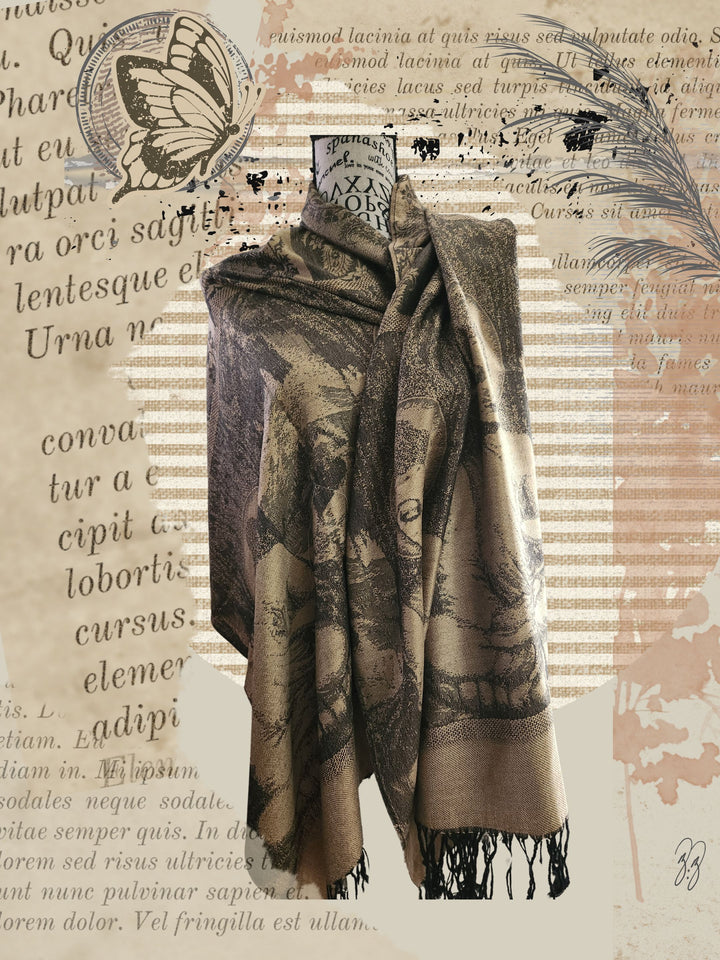 BUDDHA SHAWL DRAPED OVER MANNEQUIN WITH RUFFLES