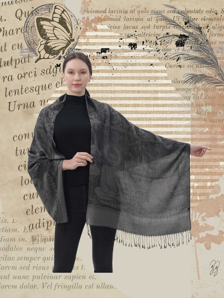 Model displays print on Buddha Shawl in grey