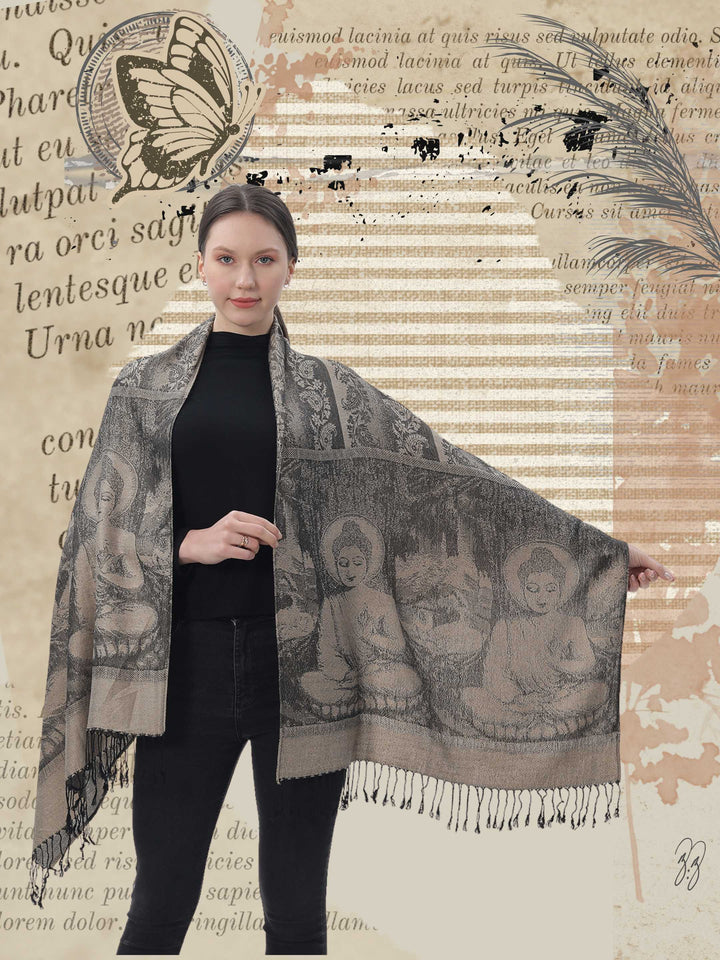 Models displays pashmina with buddha print