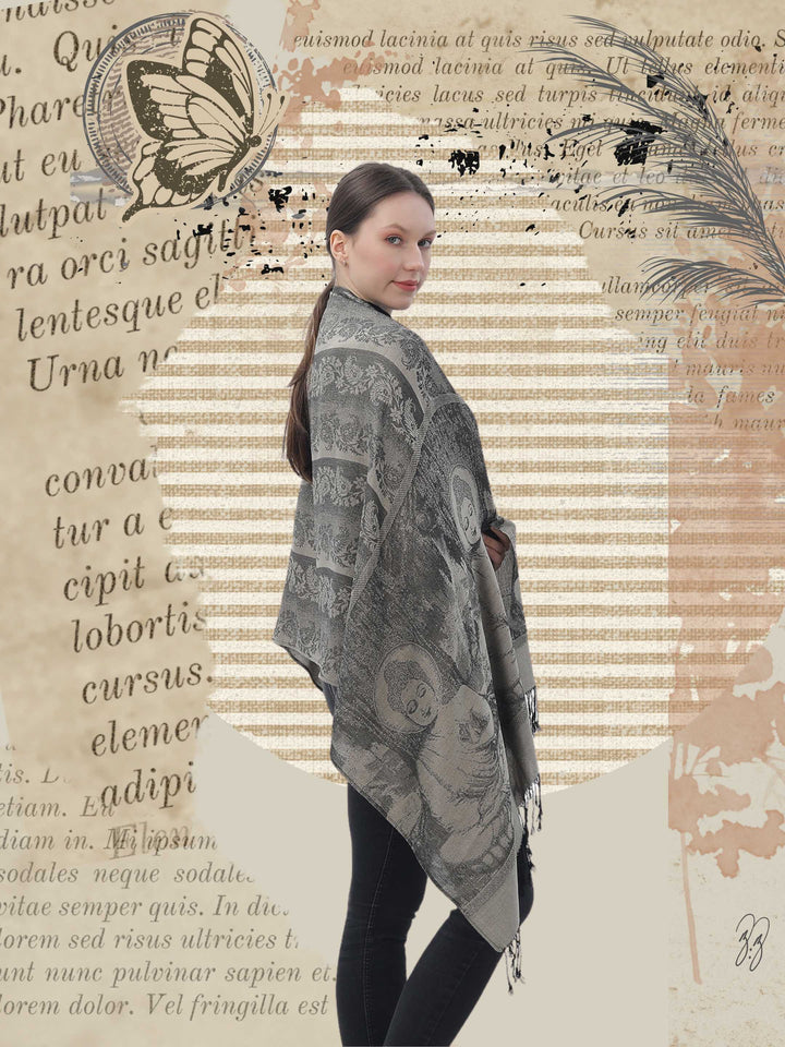 Unisex Grey Buddha pashmina shaw on model
