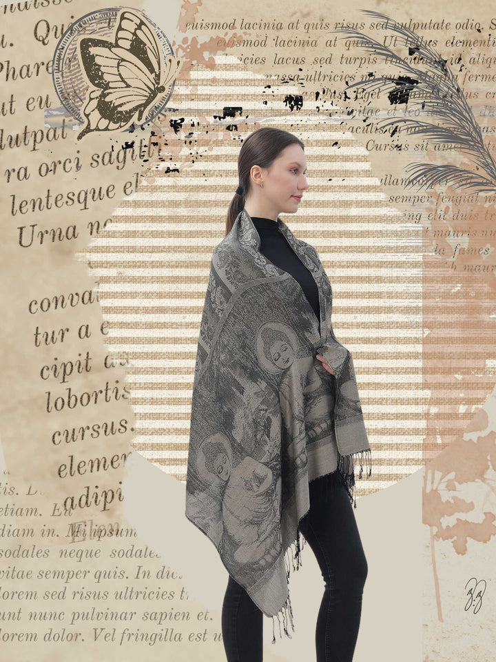 Unisex Grey Buddha pashmina shaw on model