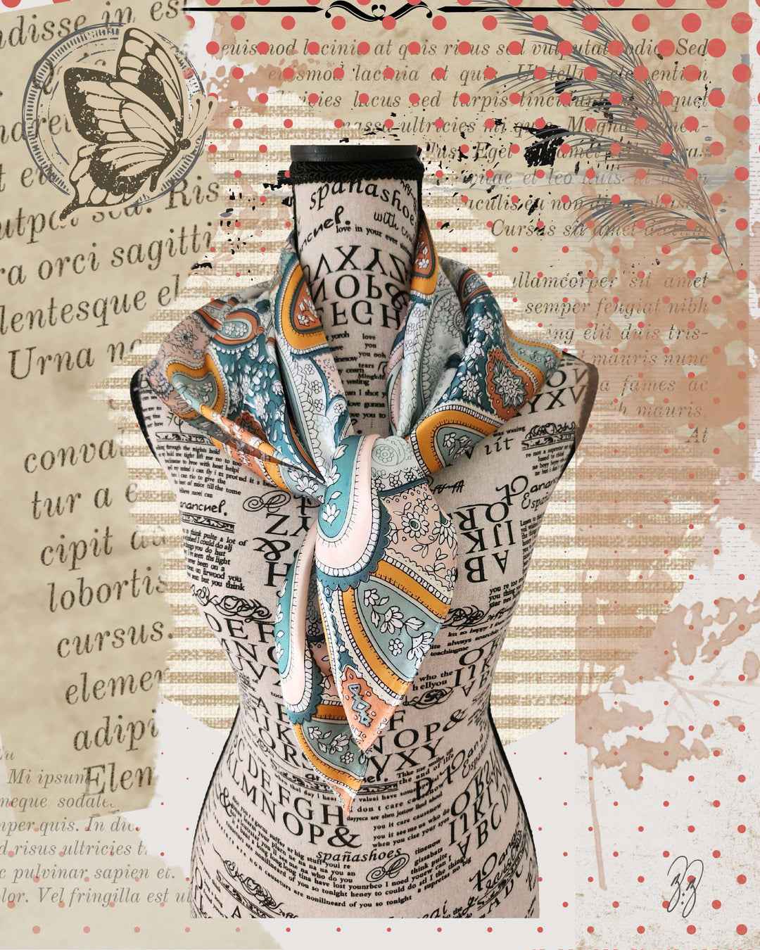 Silky satin floral scarf tied around neck