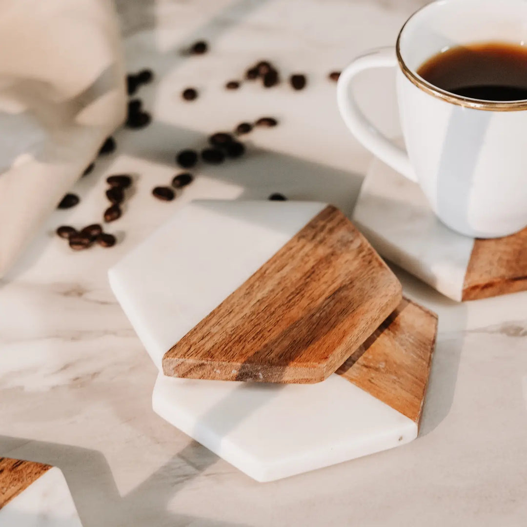 Hex Marble and Wood Coaster Set of 4