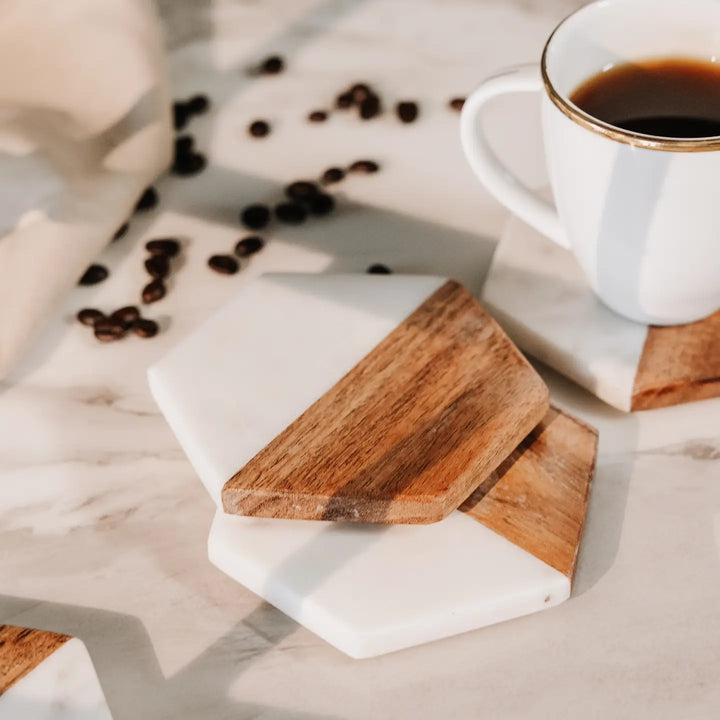 Hex Marble and Wood Coaster Set of 4